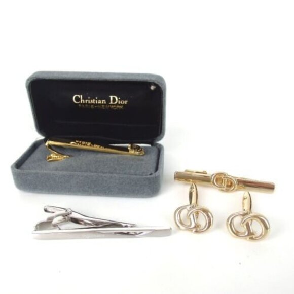 Authentic Christian Dior Nek Tie pin & cufflinks 3-piece set cuffs metal [Used] - Picture 1 of 1